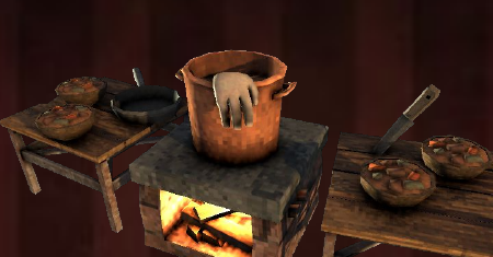 An assortment of the game's kitchen pots and cooking equipment