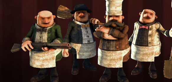 A lineup of four unusual tavern workers in aprons and hats