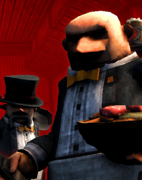 Two sinister tavern staff: a waiter carrying a meal and a companion holding a cleaver