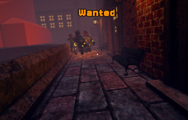 A patrol of guards pursues the player through a narrow alley