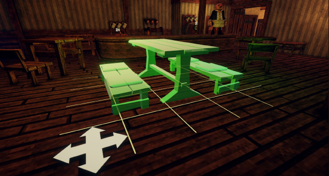 A green placement preview shows new furniture being added to the tavern