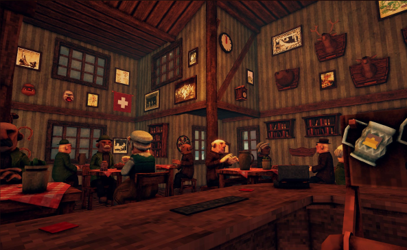 A first-person view of a warm wooden tavern with seated guests and a mug held at the bar